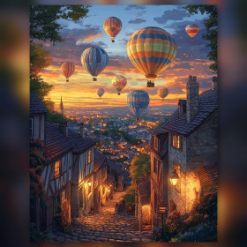 Kit pittura diamante Montgolfières survolant un village médiéval au coucher du soleil strass scintillanti su tela