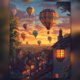 Diamond painting mongolfiere sopra vecchio villaggio strass brillanti