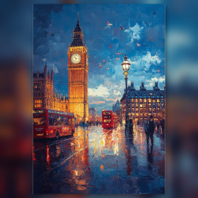 Diamond Painting Big Ben roter Bus London Regen glänzende Strasssteine