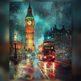 Diamond painting illuminated Big Ben and red double-decker bus night scene sparkling rhinestones