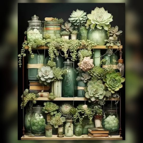 Diamond painting succulent shelf green jars sparkling rhinestones art