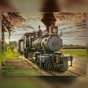 American steam locomotive at sunset diamond painting with shiny rhinestones