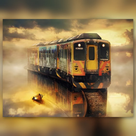 Multicolor train at sunset diamond painting with shiny rhinestones