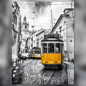 Yellow tram Lisbon cobblestones black white diamond painting shiny rhinestones