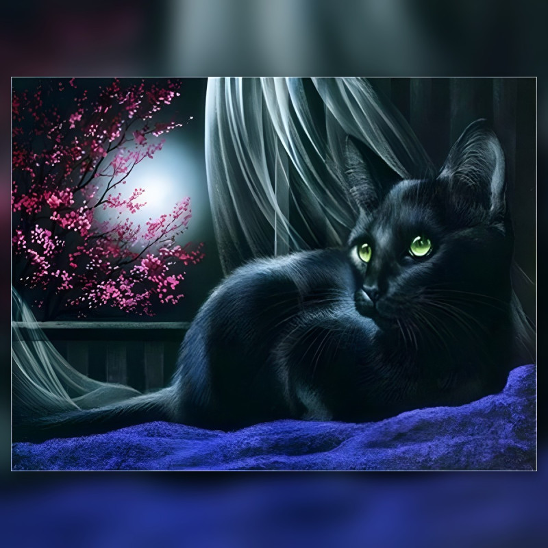 Chat noir aux yeux verts sur tissu violet avec fleurs roses en diamond painting