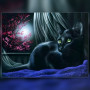 Chat noir aux yeux verts sur tissu violet avec fleurs roses en diamond painting