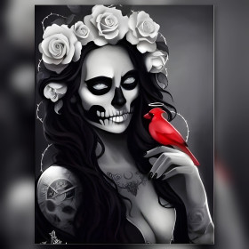 Calavera Catrina with white rose crown and red bird sparkling rhinestones