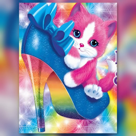 Chaton rose et blanc dans chaussure arc-en-ciel diamond painting strass