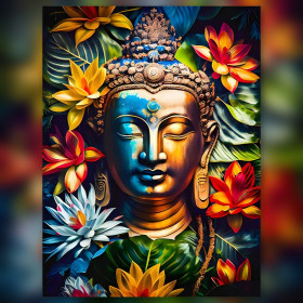 Diamond painting Buddha floreale con toni celesti e strass brillanti
