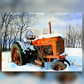 Tracteur rouillé enneigé en diamond painting strass brillants