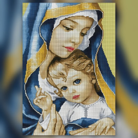 Vierge Marie et Enfant Jésus broderie diamant strass brillants bleu or