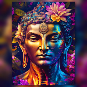 Golden and blue duality Buddha with lotus flowers in shiny diamond painting rhinestones