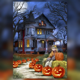 Spookhuis Halloween met pompoenen en glinsterende steentjes diamant schilderij
