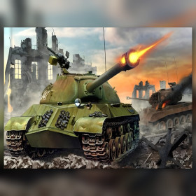 Grüner Kampfpanzer feuert in städtischen Ruinen Diamond Painting glänzende Strasssteine