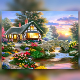 Floral cottage at sunset with stone bridge and shiny rhinestones diamond painting kit