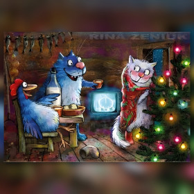 Diamond painting Noël rustique chats bleus coq sapin strass brillants