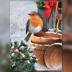 Winterroodborstje kerst diamond painting glinsterende steentjes terracotta potten sneeuw