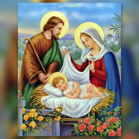 Sainte Famille avec Jésus enfant roses et strass brillants diamond painting
