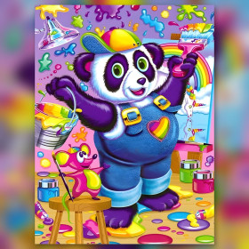 Paarse schilder panda met kunstenaarsmuis regenboogatelier diamant schilderij