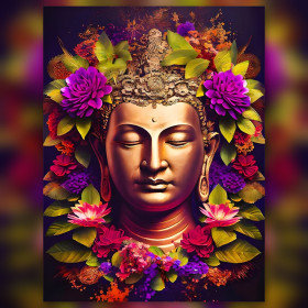 Goldener Buddha umgeben von bunten Blumen Diamantmalerei glänzende Strasssteine