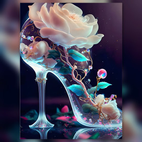 Glas-Schuh mit leuchtender Rose und funkelnden Strasssteinen Diamantmalerei
