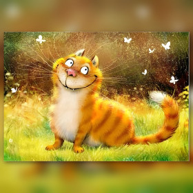 Glimlachende oranje gestreepte kat met witte vlinders diamant schilderij glinsterende steentjes