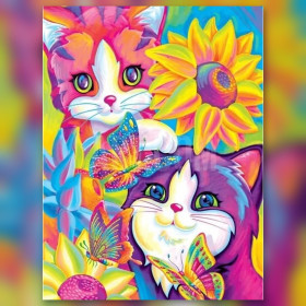Psychodelische Katze Diamond Painting mit bunten Schmetterlingen und Sonnenblumen