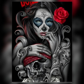 Calavera aux yeux bleus avec rose rouge en diamond painting