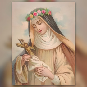 Heilige mit Blumenkrone hält Kruzifix glänzende Diamond Painting Strasssteine