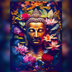Golden Buddha surrounded by pink and purple lotuses in diamond painting