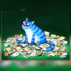 Chat bleu chanceux assis sur un tas de billets et jetons de poker en diamond painting