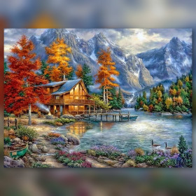 Herbsthütte am See Diamond Painting mit glänzenden Strasssteinen und Herbstfarben