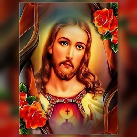 Diamond Painting Jesus Herz Jesu umgeben von glänzenden roten Rosen
