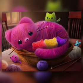 Chat rose pelote laine strass brillants diamond painting terminé