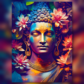 Mediterende Boeddha met heilige lotussen in kleurrijke glinsterende diamantschilderij