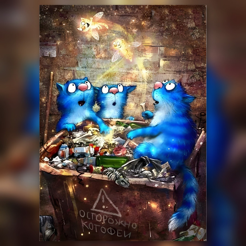 Diamond painting chats bleus étoiles lucioles magiques strass brillants