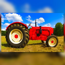 Rode vintage tractor diamant schilderij glinsterende struis stoppelveld