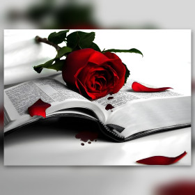 Rosa scarlatta strass scintillanti su libro antico diamond painting