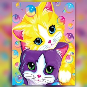 Duo de chatons arc-en-ciel avec bulles en diamond painting strass brillants
