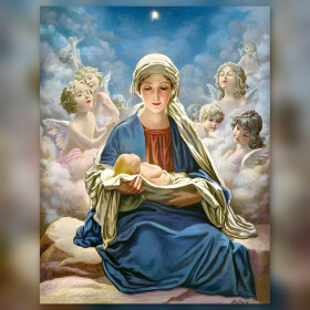 Vierge Marie tenant Jésus entourée d'anges en diamond painting strass brillants