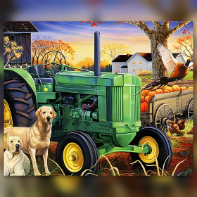 Toile de diamond painting Tracteur d'Automne aux Golden Retrievers broderie diamant kit complet