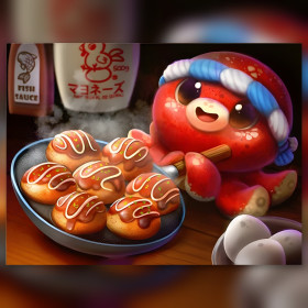 Poulpe rouge takoyaki avec strass brillants et boulettes dorées