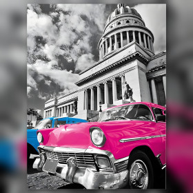 Tela diamond painting Campidoglio dell'Avana auto d'epoca rosa strass scintillanti