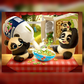 Diamond painting pandas petit-déjeuner céréales lait strass brillants
