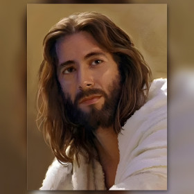 Serene portrait of Christ with long hair in shiny diamond painting rhinestones