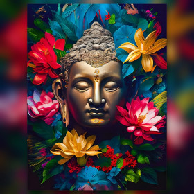 Goldener Buddha Kopf umgeben von bunten Blumen im Diamant Malerei Kit