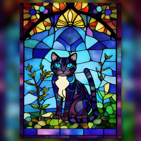 Chat vitrail aux yeux saphir diamond painting strass brillants