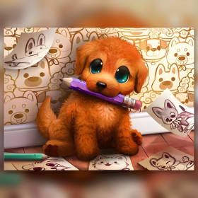Chiot roux artiste tenant crayon violet diamond painting strass brillants