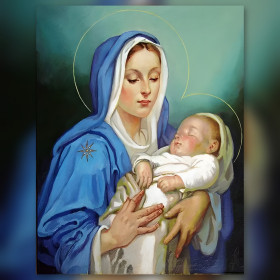 Vierge Marie bleue tenant Jésus endormi en diamond painting strass brillants