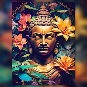 Buddha dorato circondato da loto colorati in pittura a diamanti brillante